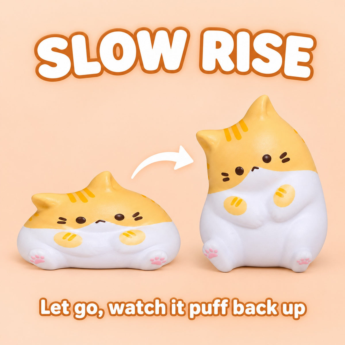 Orange kawaii cat squishy squashed flat, then back to its round shape, text Slow rise