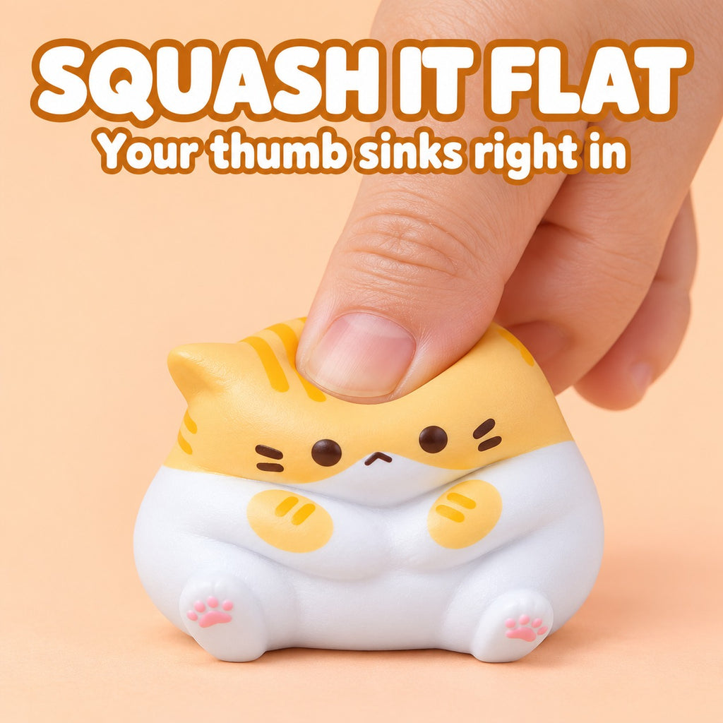 Thumb squashing the orange kawaii cat squishy flat, text Squash it flat
