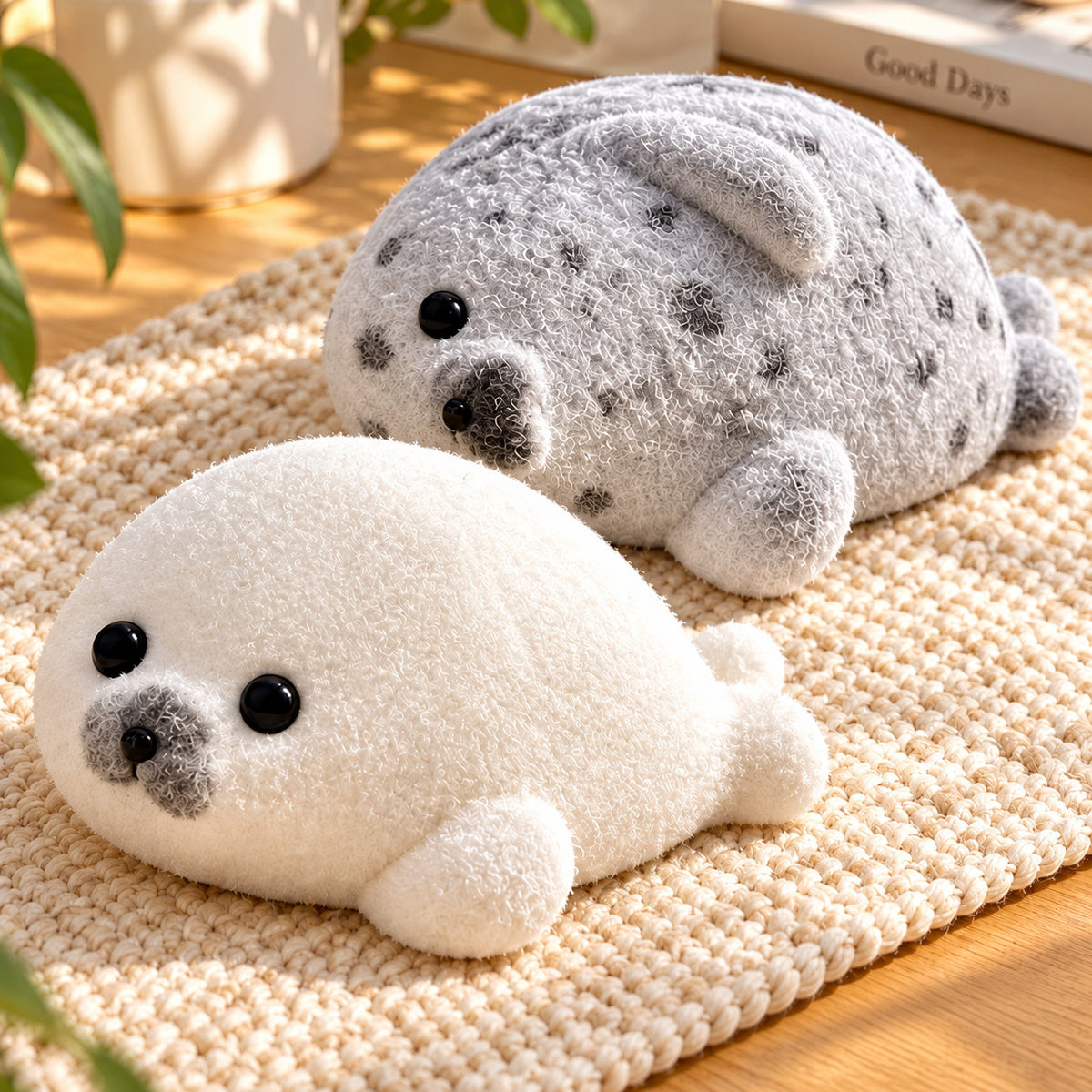 Grey and white fuzzy seal squishies side by side on a knitted placemat