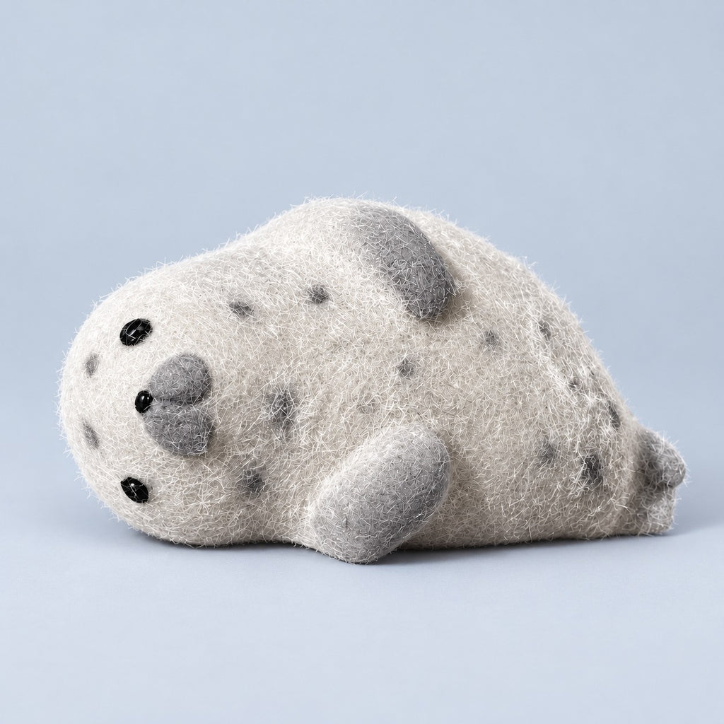 Grey spotted fuzzy seal squishy lying on a plain pale blue background