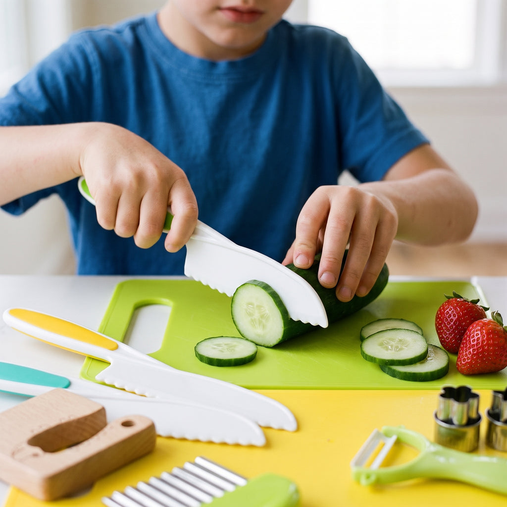 A child slicing a cucumber with the green-handled nylon knife on the green board