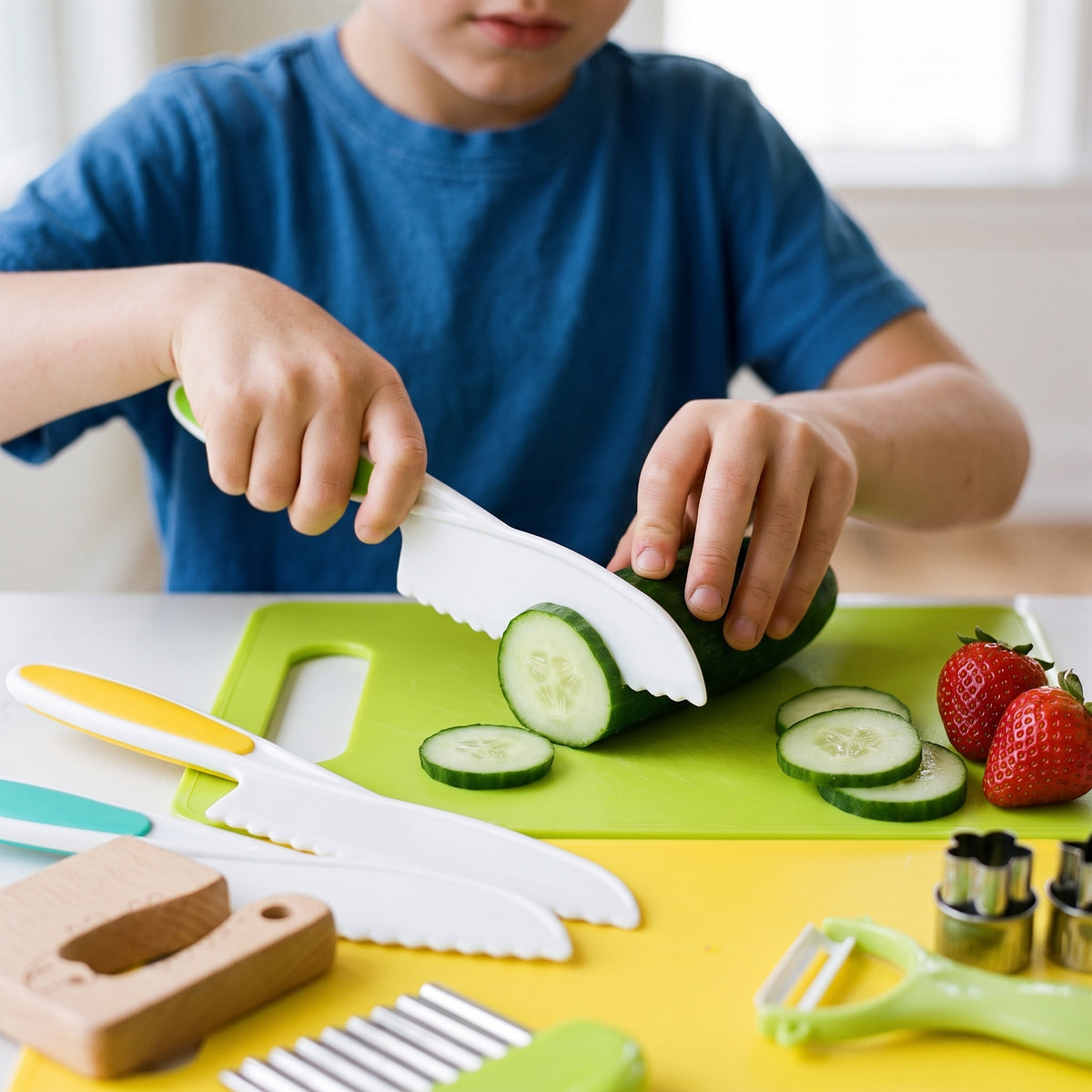 A child slicing a cucumber with the green-handled nylon knife on the green board