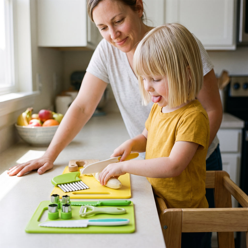 A little girl cutting a banana on the yellow board while her mother watches