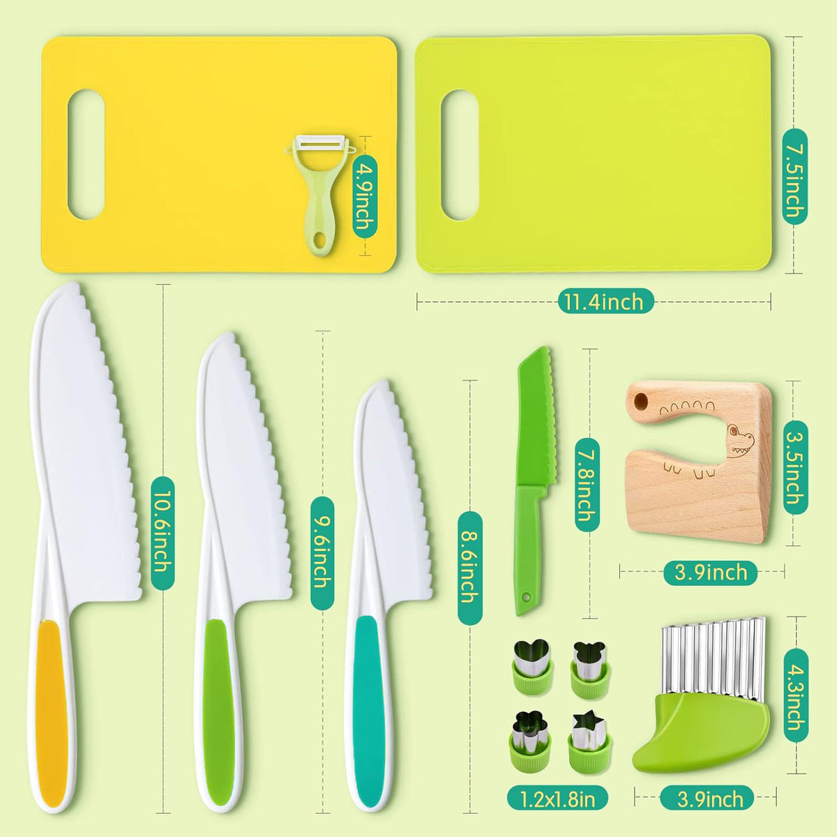 The sizes of each piece, from the small board to the largest nylon knife