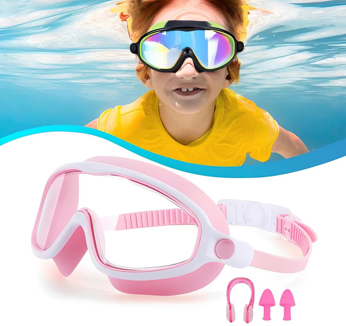 Kids Swim Goggles with Clip-On Nose Bridge and Anti-Fog, Pink