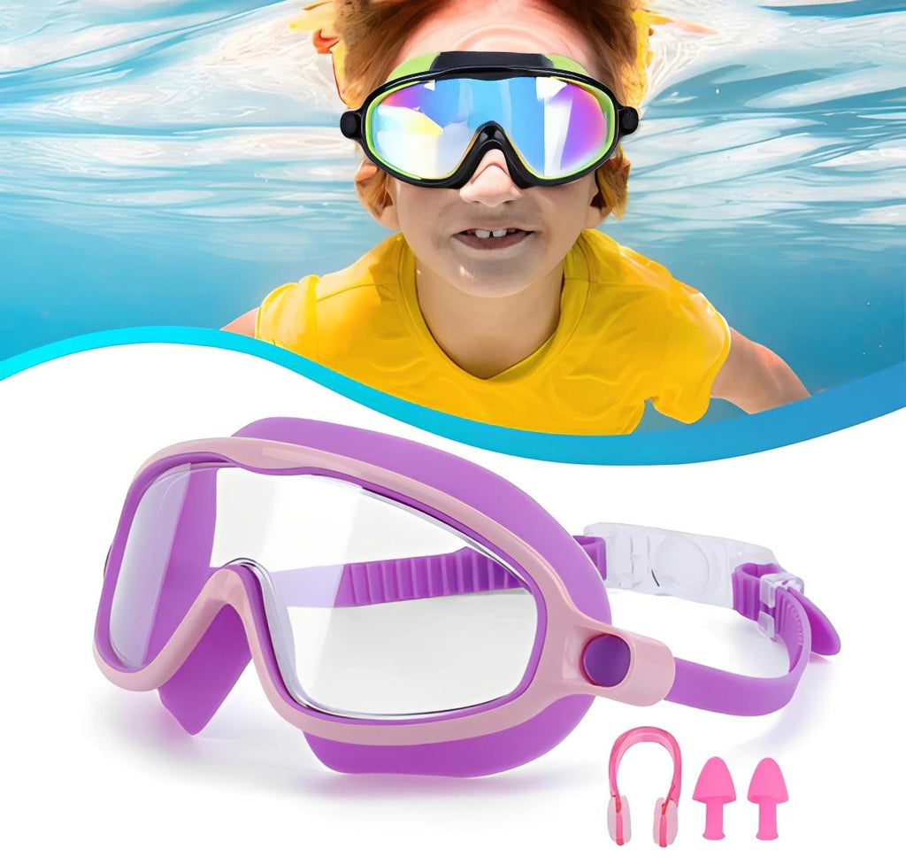 Kids Swim Goggles with Clip-On Nose Bridge and Anti-Fog, Purple
