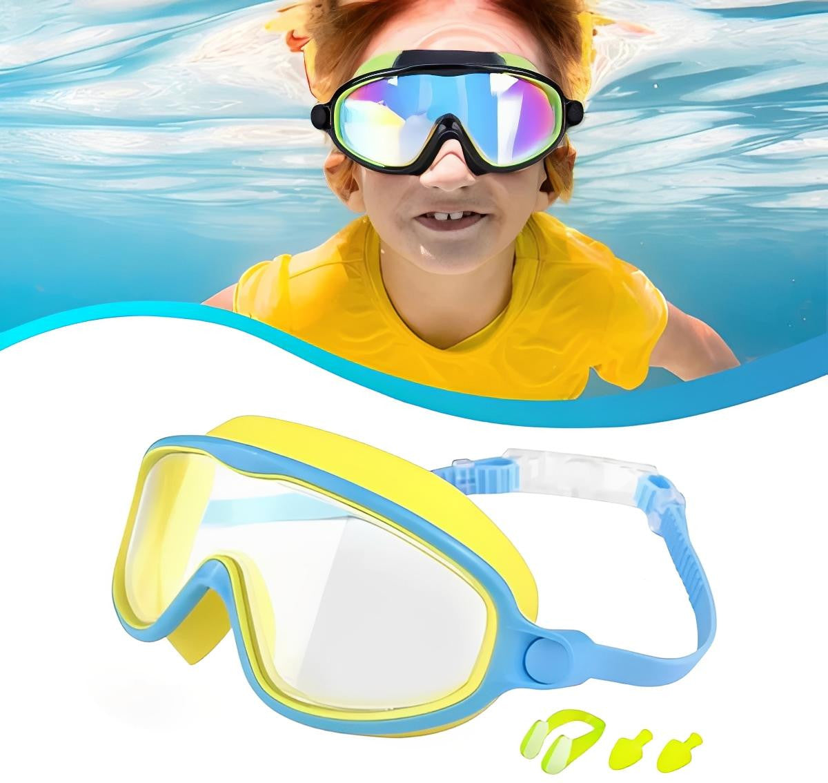 Kids Swim Goggles with Clip-On Nose Bridge and Anti-Fog, Yellow