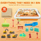 Construction sensory bin contents: kinetic sand, diggers, castle moulds and glow stones