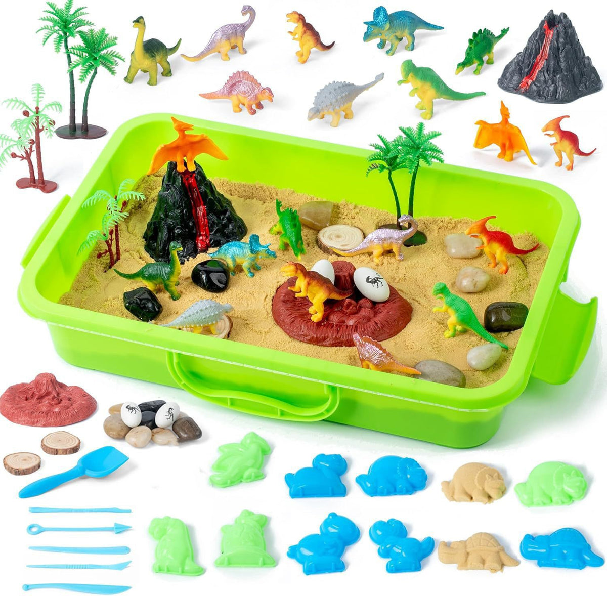 Dinosaur sensory bin contents: volcano, dinosaur eggs, moulds and sensory sand