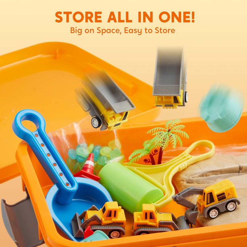 Every tool and vehicle packed back into the sensory bin case