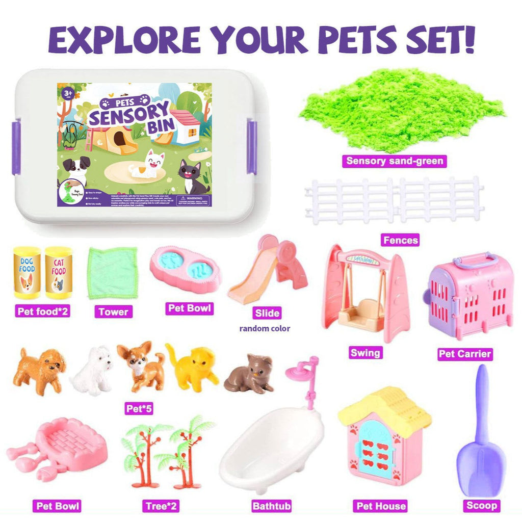 Pet sensory bin contents: green sand, puppies and kittens, kennel, swing and slide