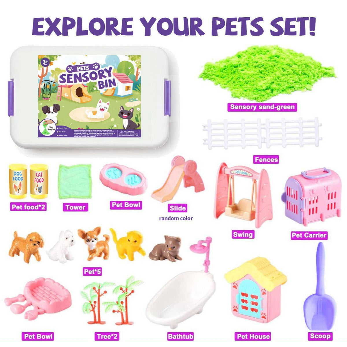 Pet sensory bin contents: green sand, puppies and kittens, kennel, swing and slide