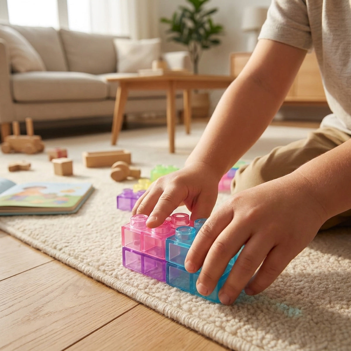 Small hands pressing two soft jelly blocks together on a living room rug