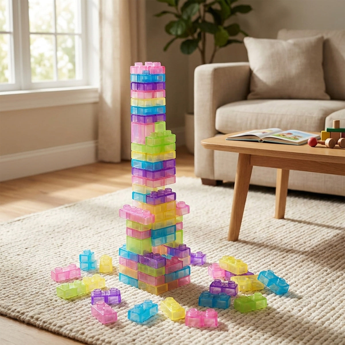 A colourful tower built from translucent jelly blocks on a soft rug