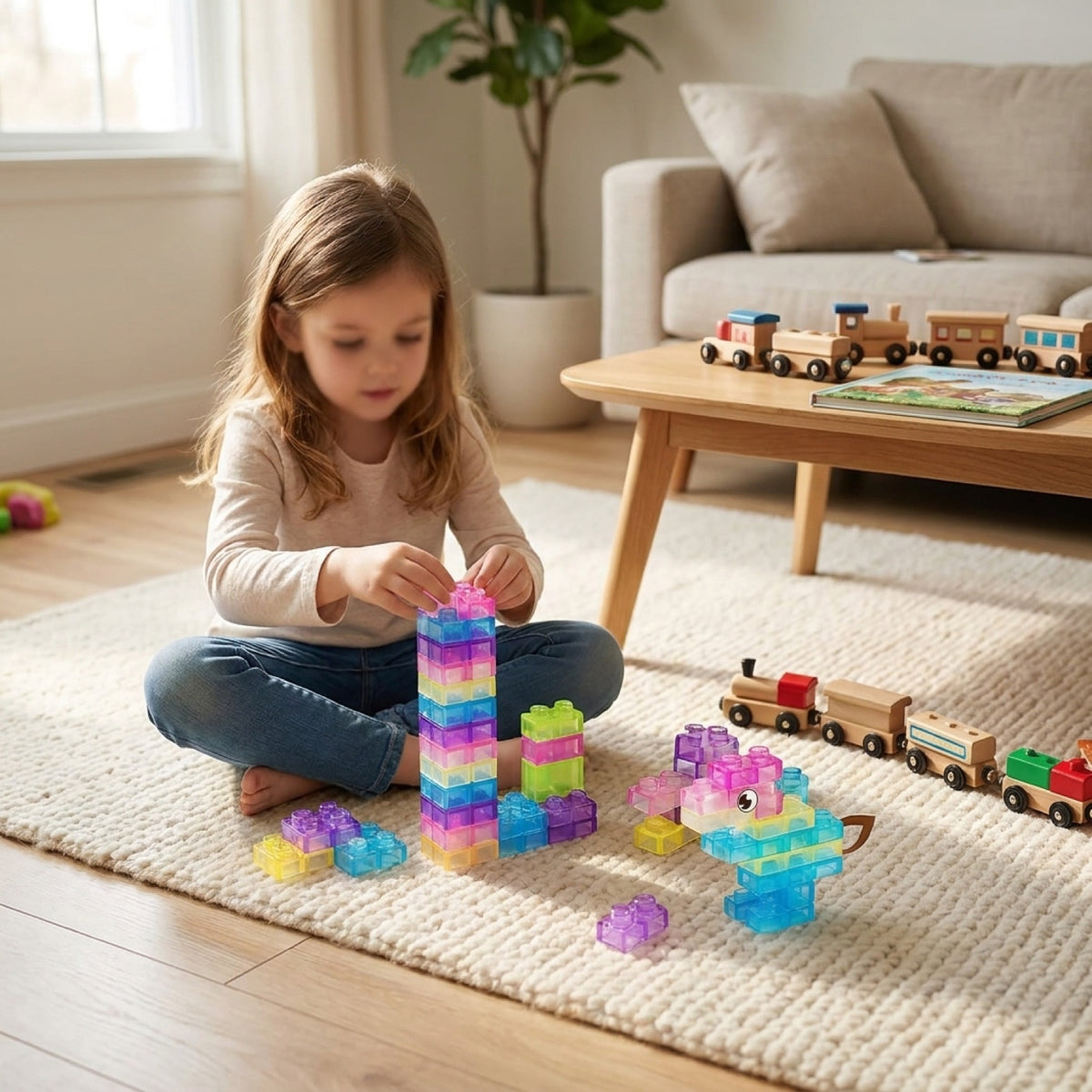 A girl building a tall tower of translucent jelly blocks in the living room
