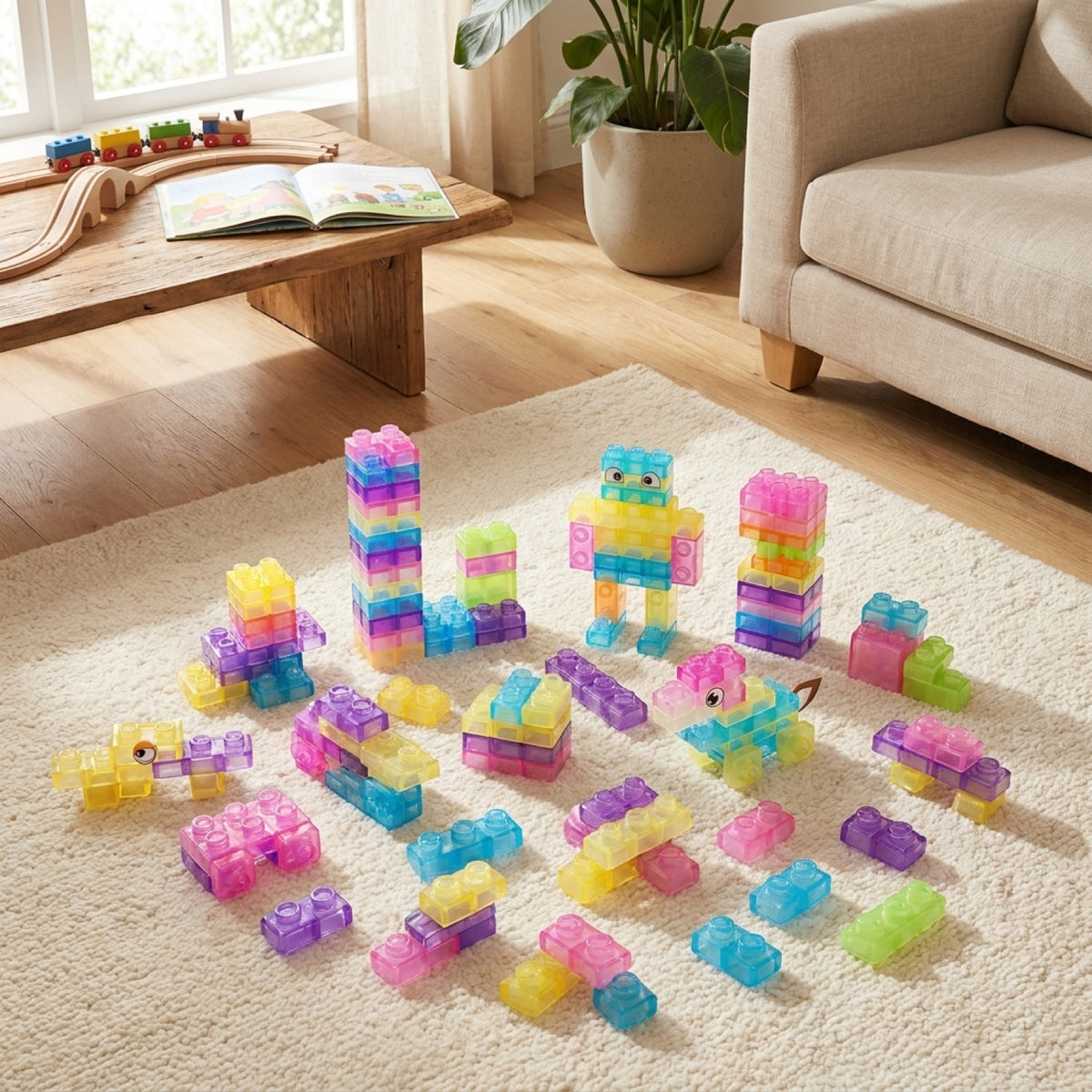 The full set of jelly blocks spread out on a rug, towers and animals built