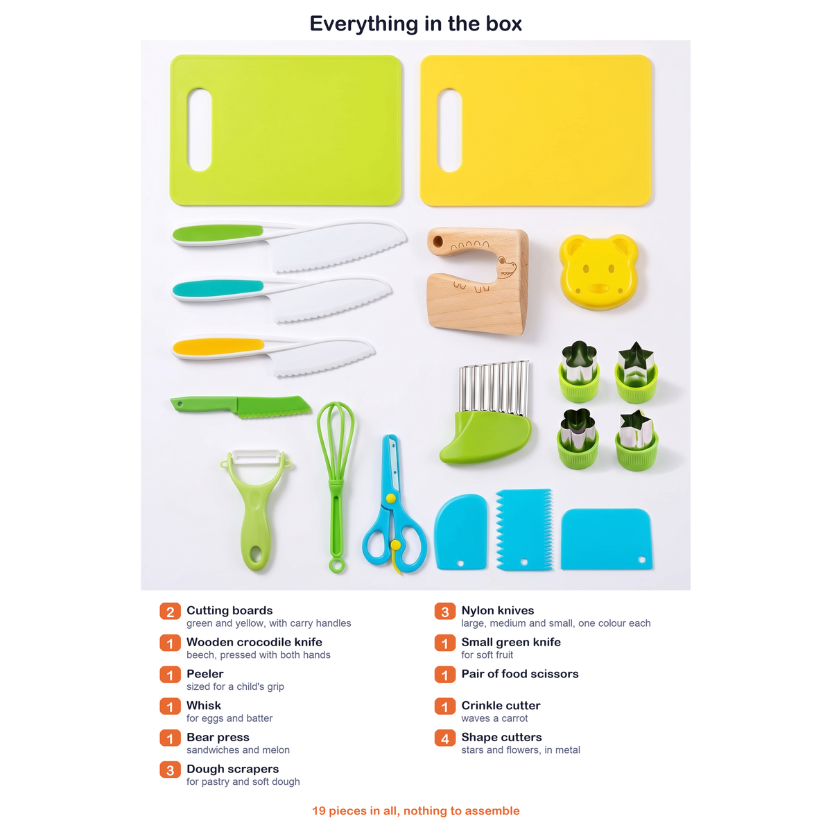 Everything in the box: two cutting boards, three nylon knives, a wooden crocodile knife, a small green knife, a peeler, food scissors, a whisk, a crinkle cutter, a bear press, four shape cutters and three dough scrapers