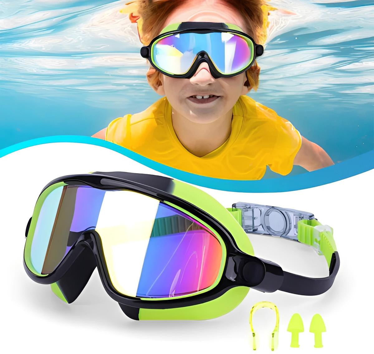 Kids Swim Goggles with Clip-On Nose Bridge and Anti-Fog