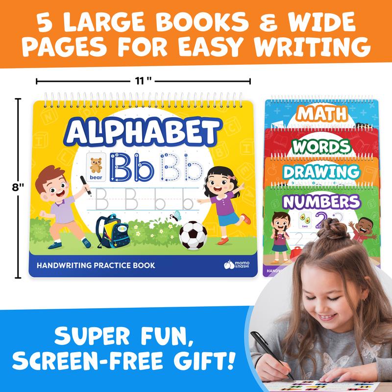 The five books at 8 by 11 inches, open on the alphabet page