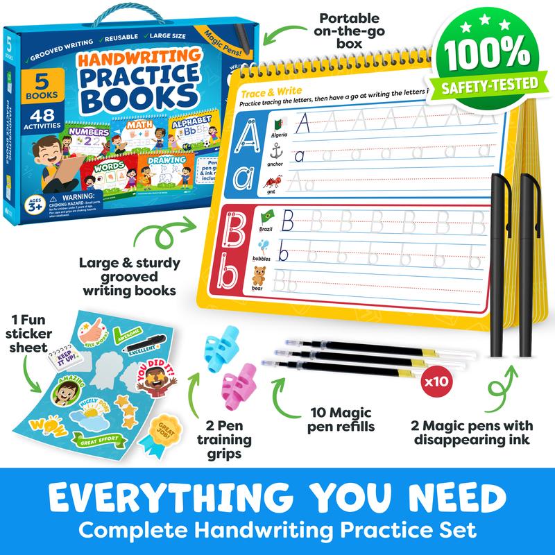 Everything the set includes: five books, two pens, refills, grips and stickers