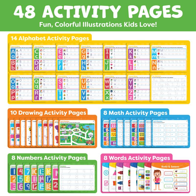 The 48 activity pages, laid out by subject