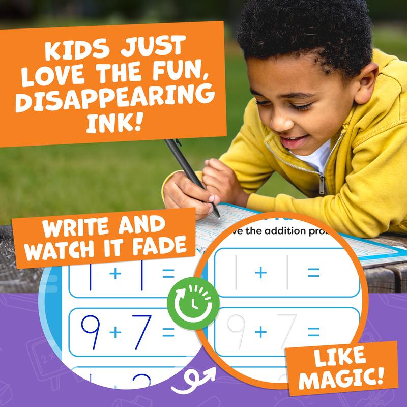 A boy writing outdoors, the ink fading behind his hand