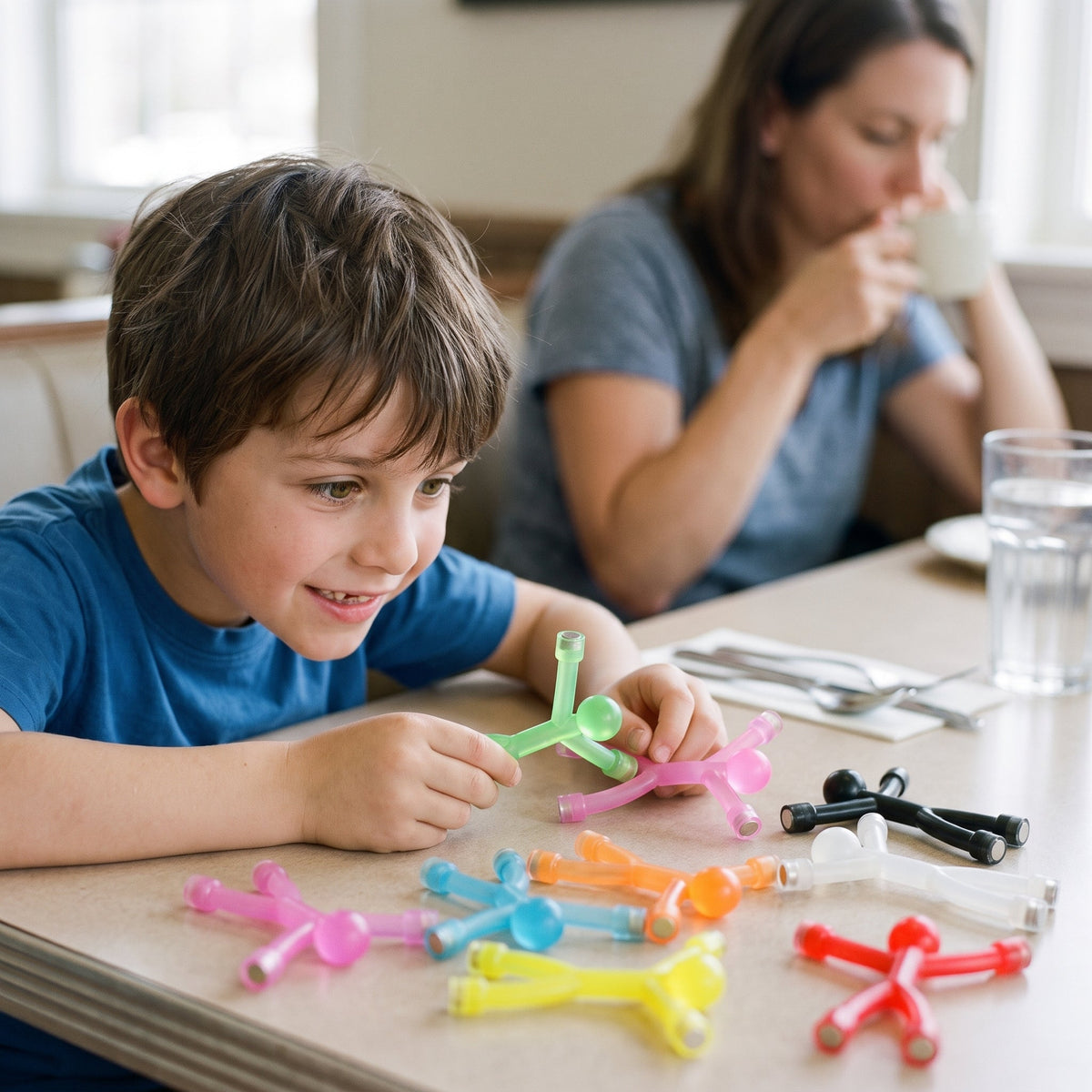 A boy playing with magnetic stick figures at a restaurant table while his mother drinks her coffee