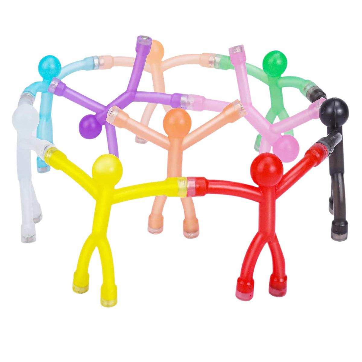 Ten magnetic stick figures in ten translucent colours, holding hands in a ring