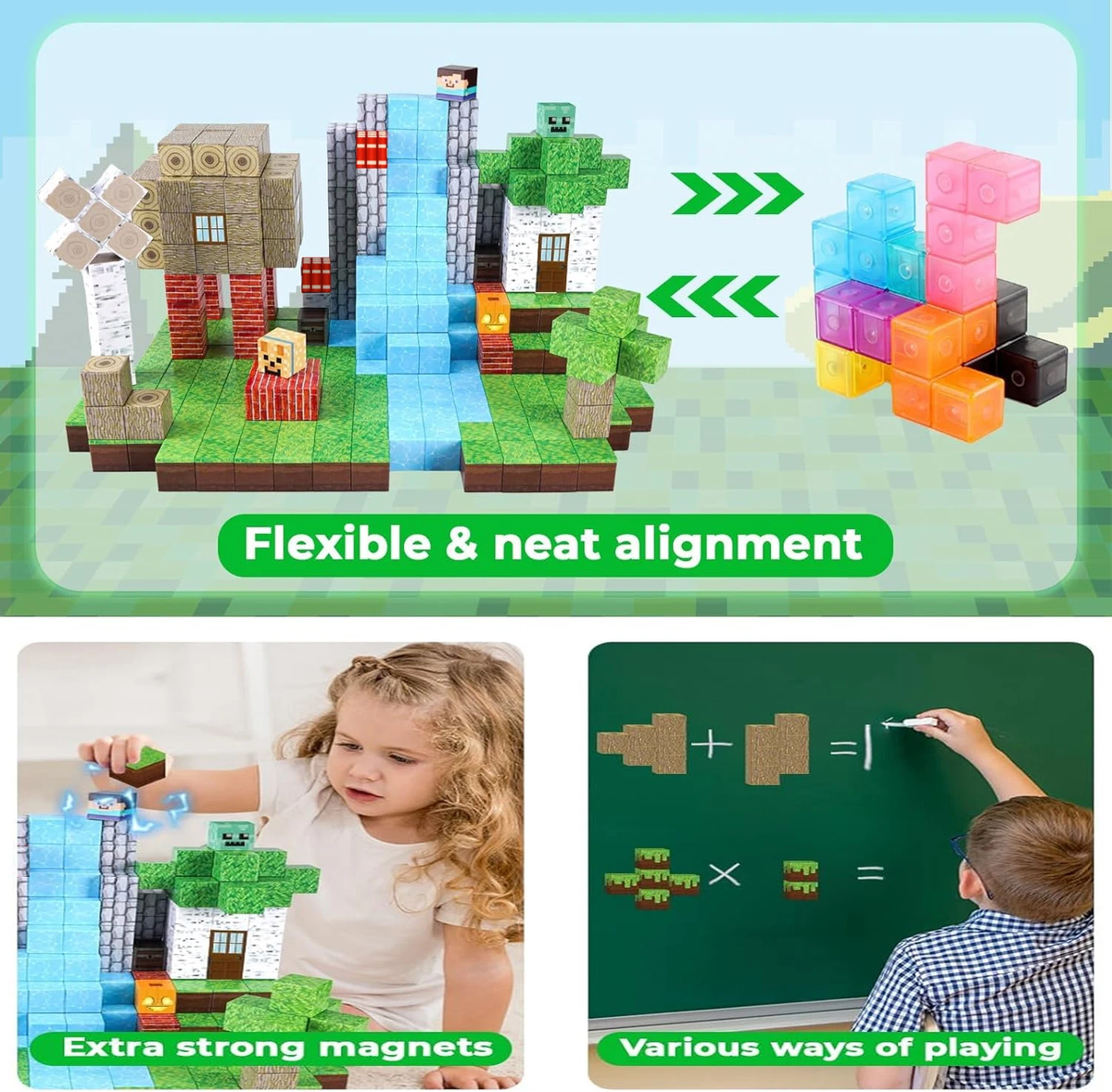 Cubes aligning, a child building, and a build on a board
