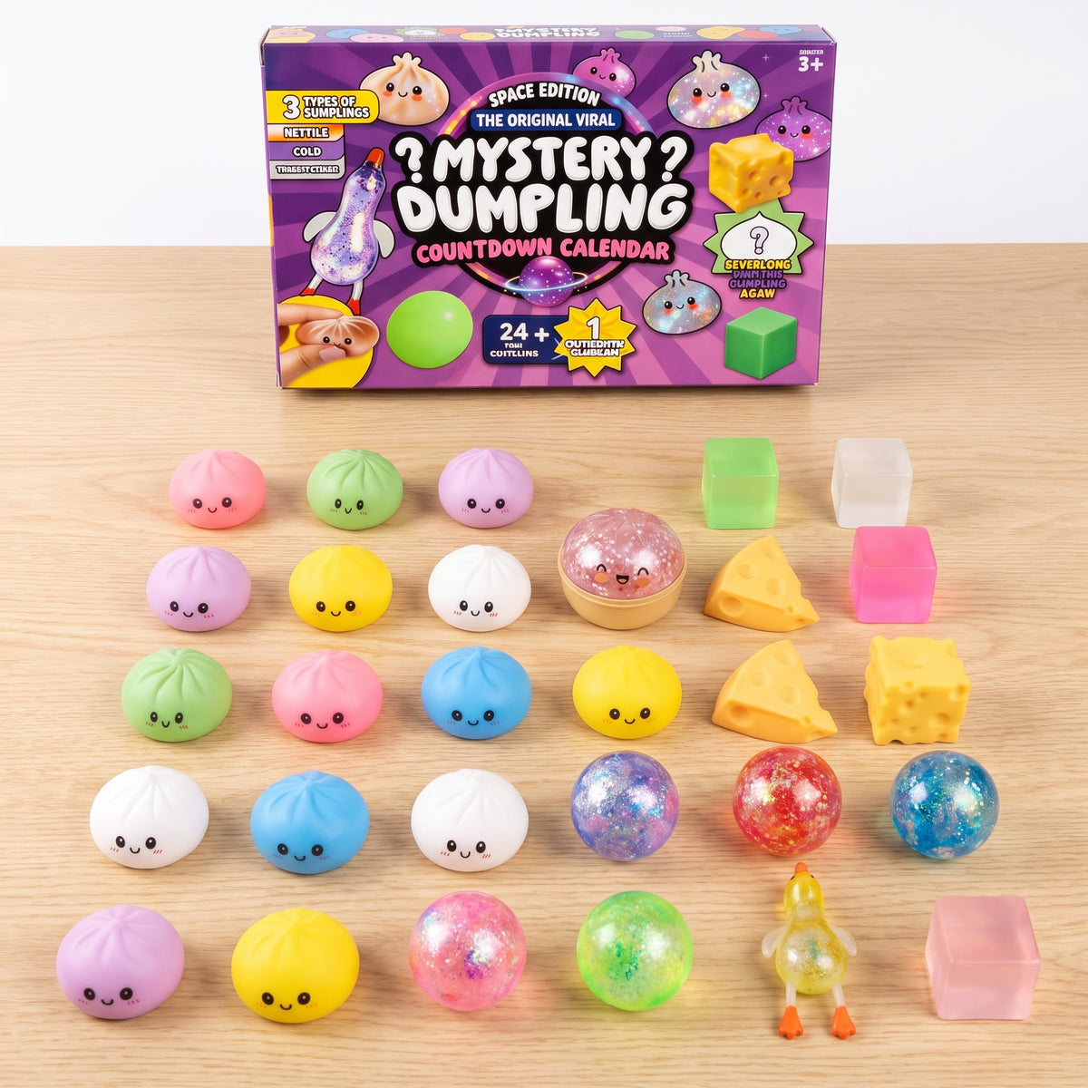 Twenty-four mini squishies laid out in a grid beside the box