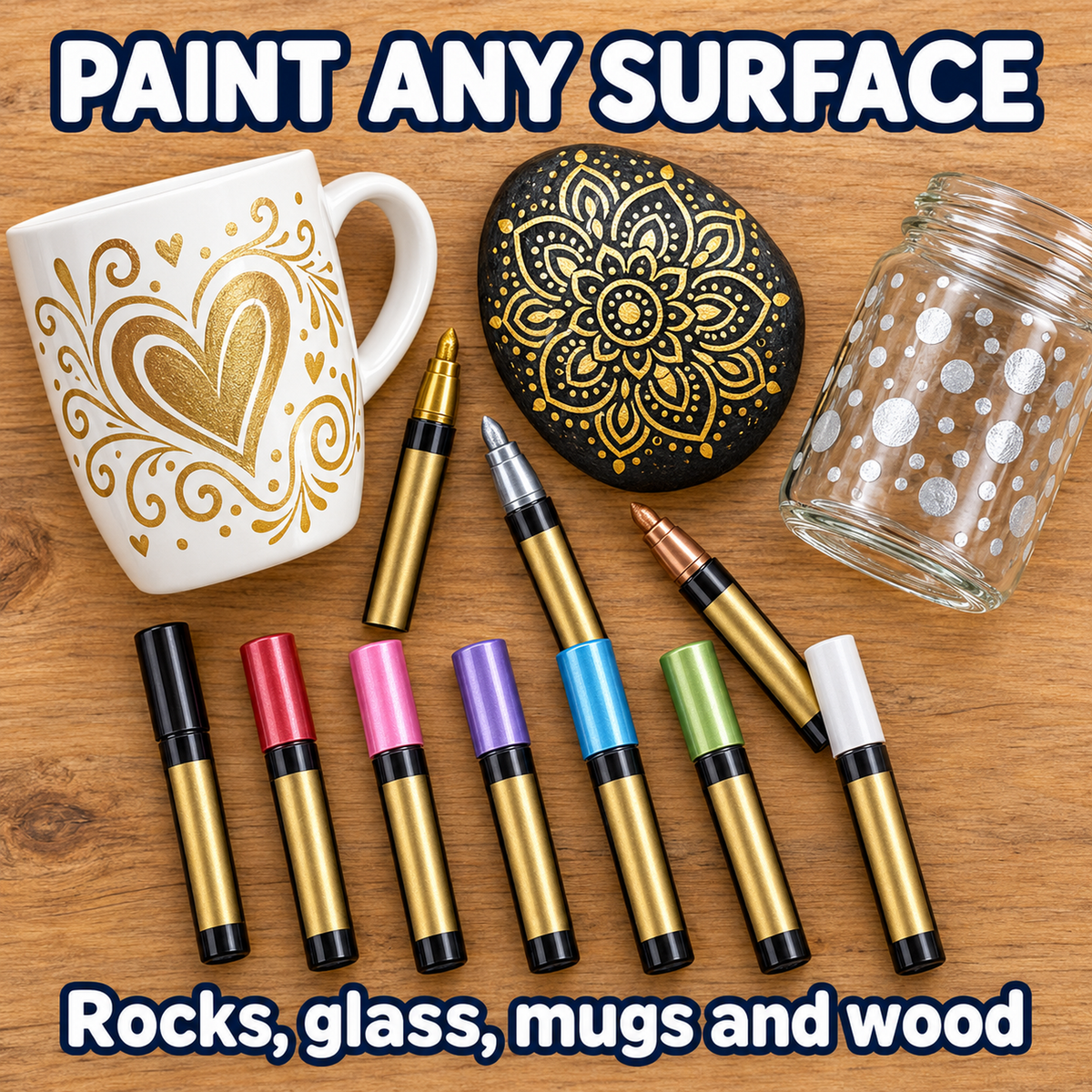 Metallic paint pens on a mug, a rock and a glass jar