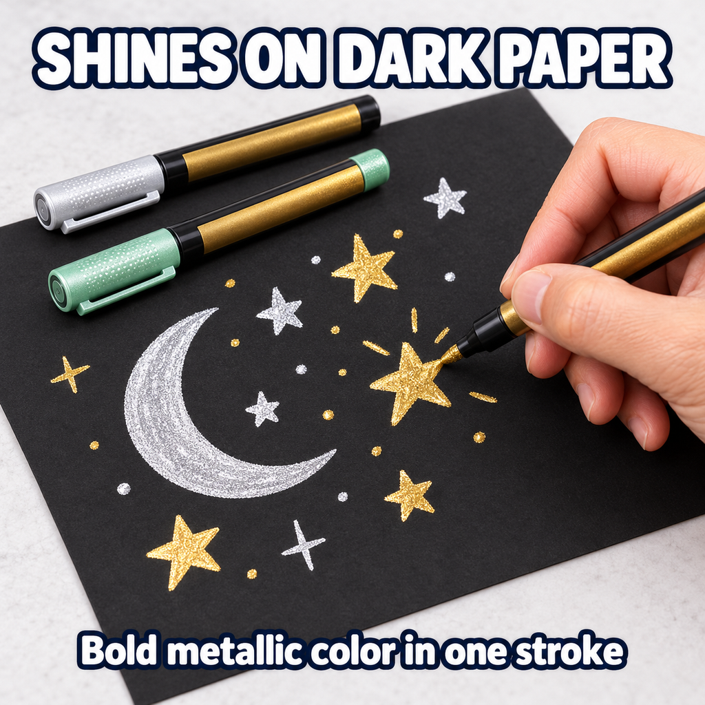 Gold metallic paint pen drawing stars on black paper