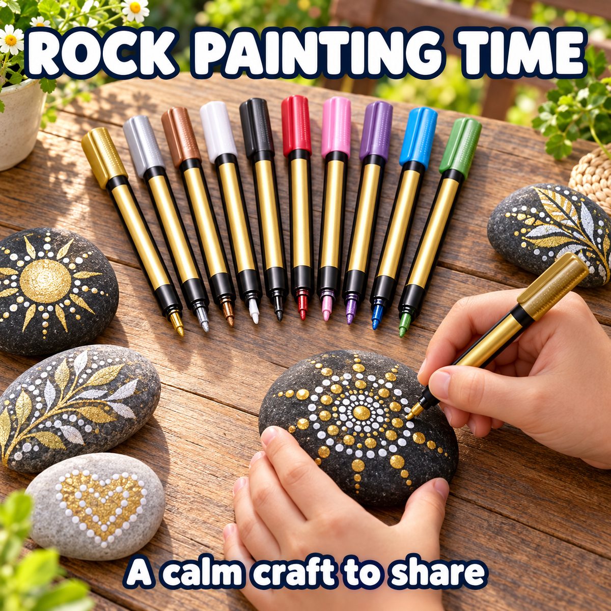 Child painting a rock with metallic paint pens