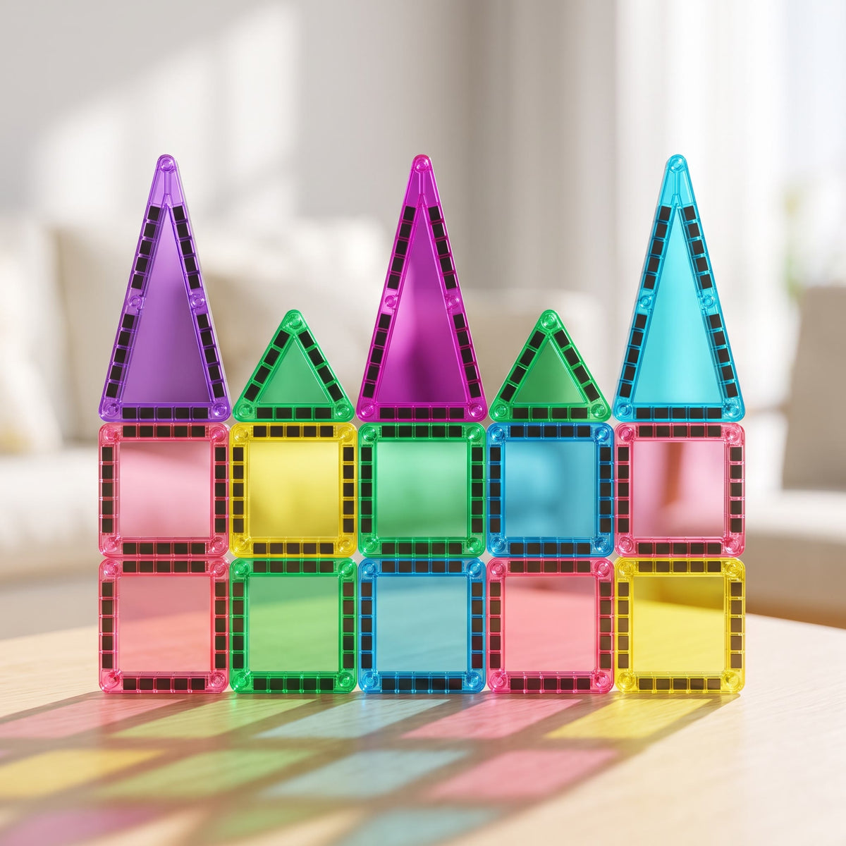 Castle built from translucent mini magnetic tiles casting coloured light on a wooden table