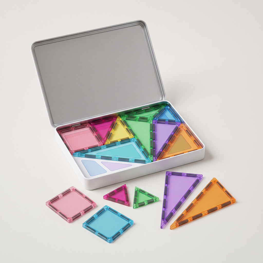 Open metal tin of 40 mini magnetic tiles with squares and triangles sorted into its printed slots