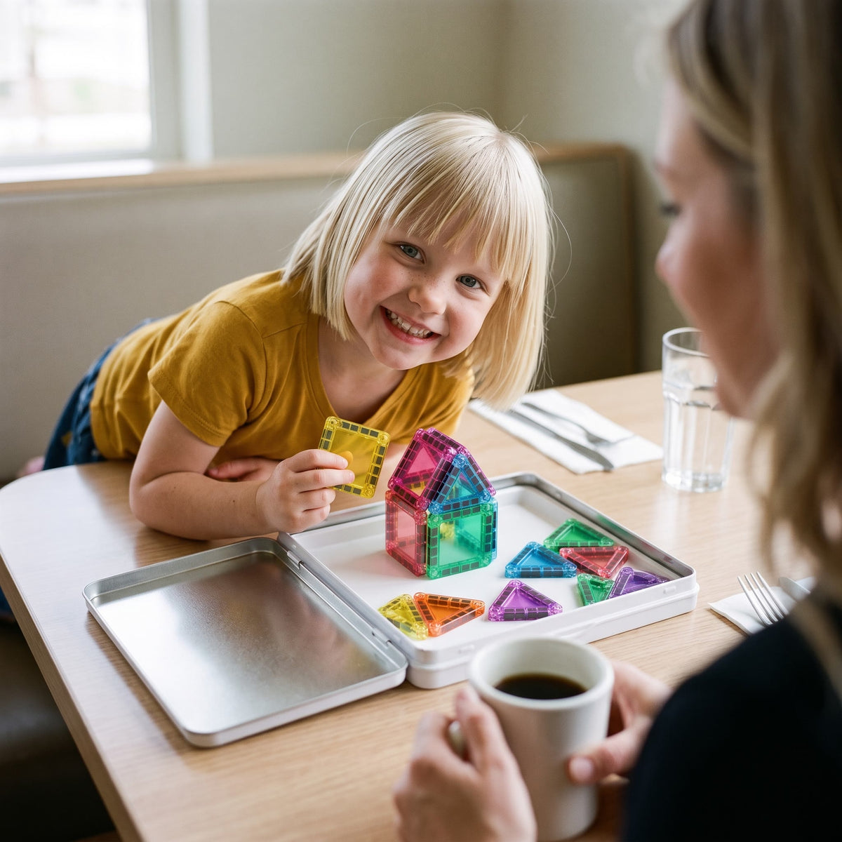 Girl building with mini magnetic tiles in a restaurant booth while her mother holds a hot coffee