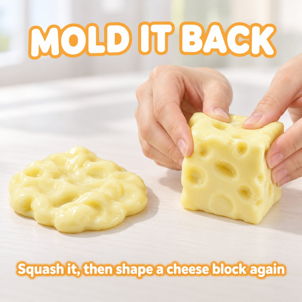 Squashed cheese squishy next to hands molding it back into a cheese block