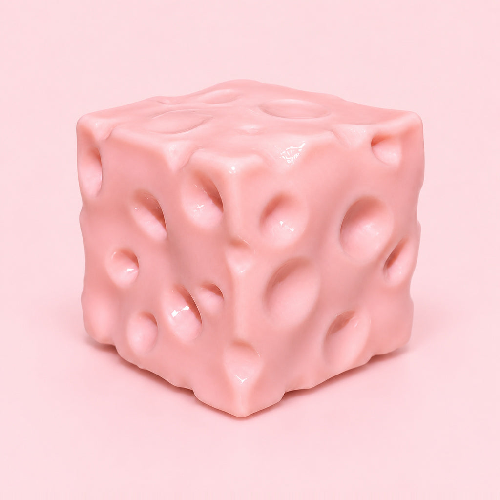 Pink moldable cheese squishy block with holes on a plain pink background