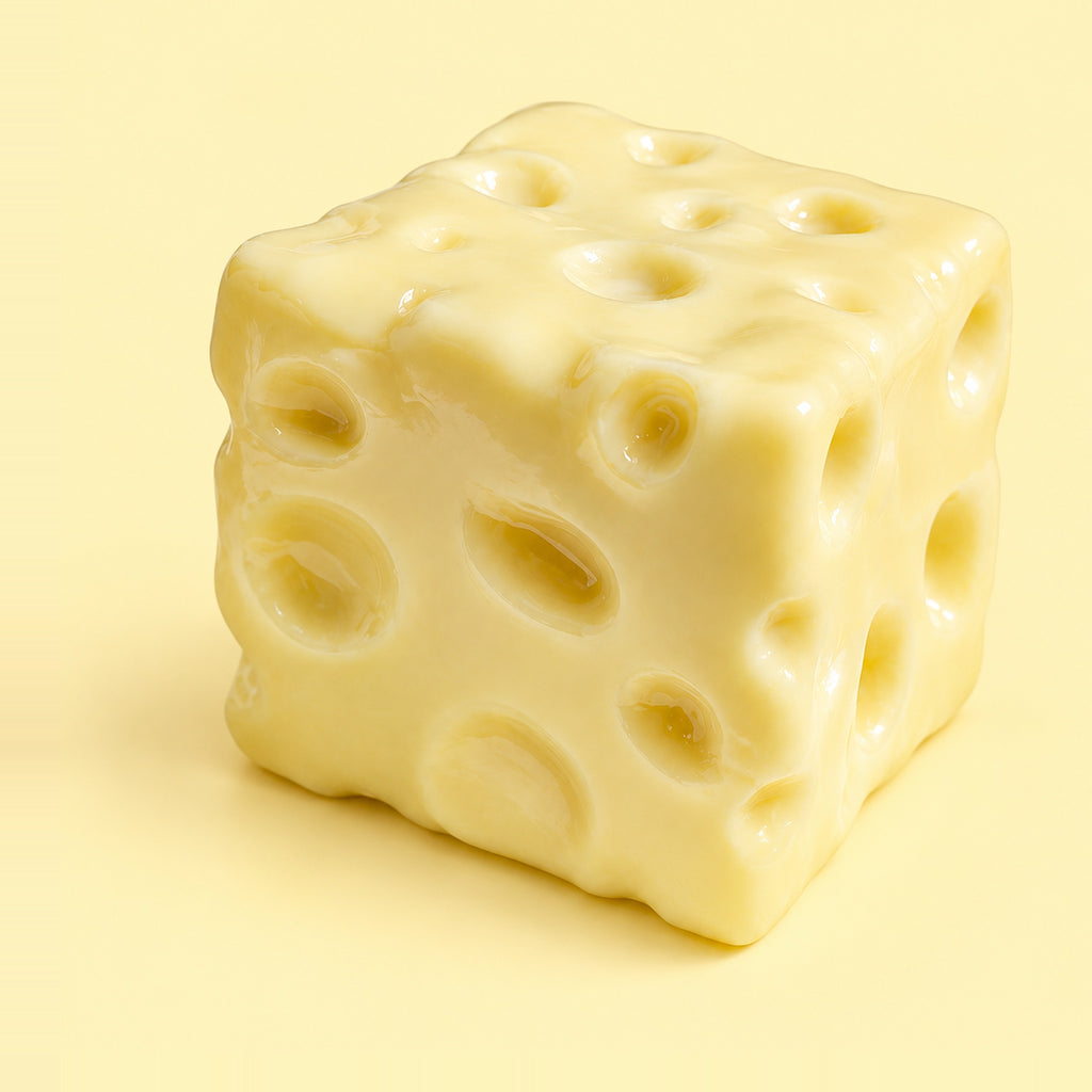 Moldable cheese squishy, yellow cheese block with holes on a plain yellow background