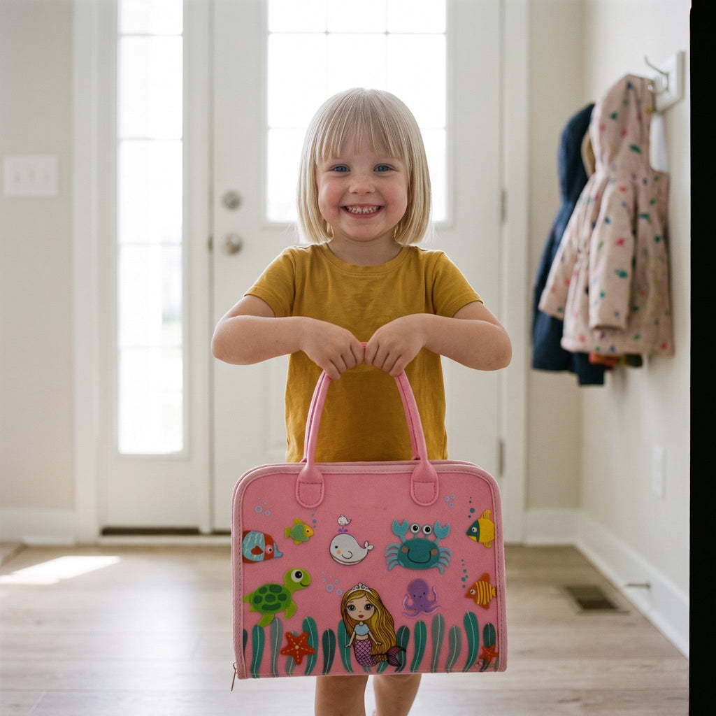 Girl carrying the pink felt busy board by its two handles like a small bag