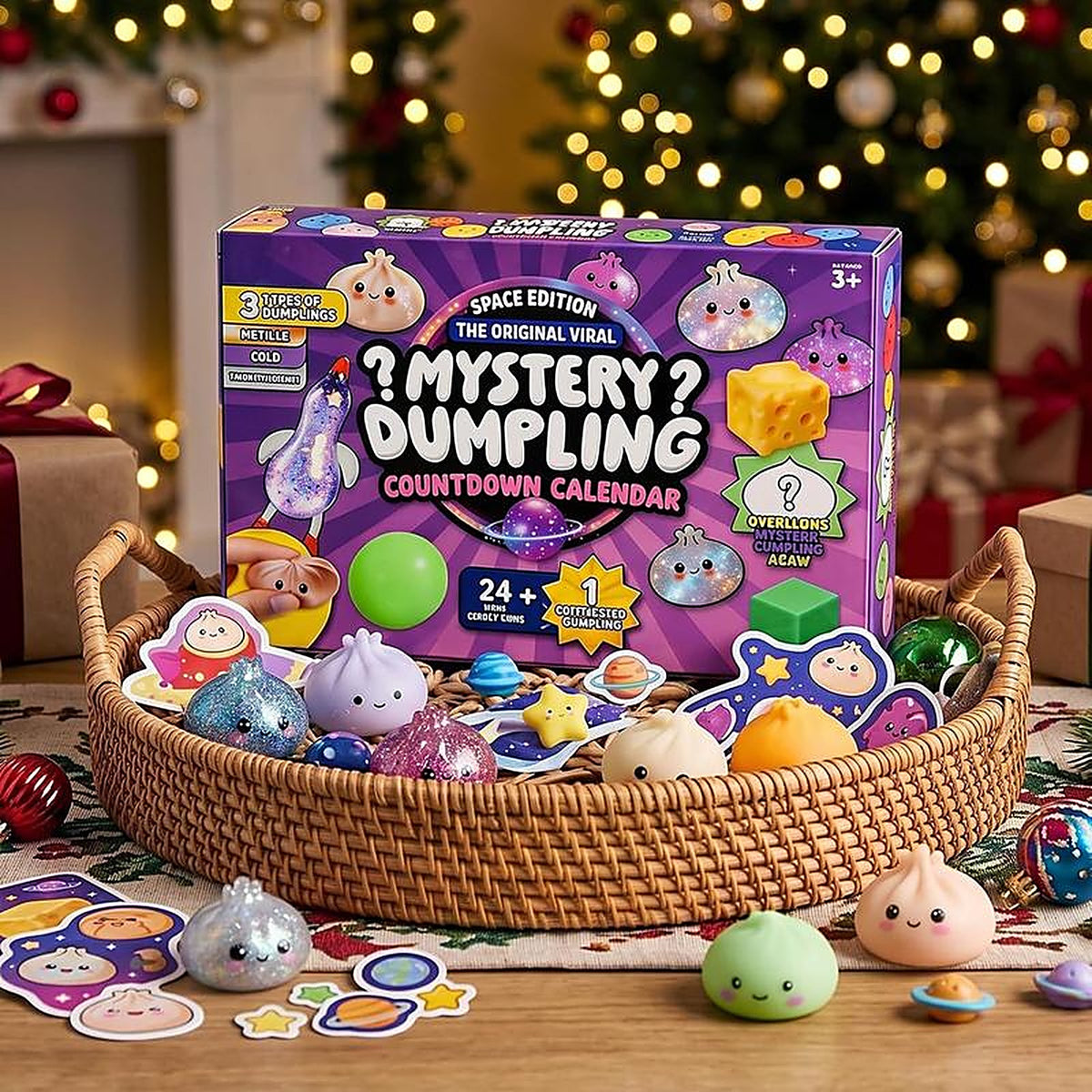 The Mystery Dumpling countdown calendar under the tree, with the squishies in a basket