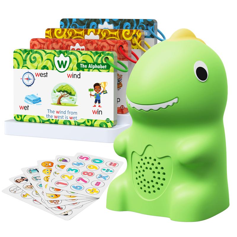 Dinosaur talking flash cards set: the green dinosaur reader, the ring-bound phonics card sets on their stand, and the peel-off sticker sheets