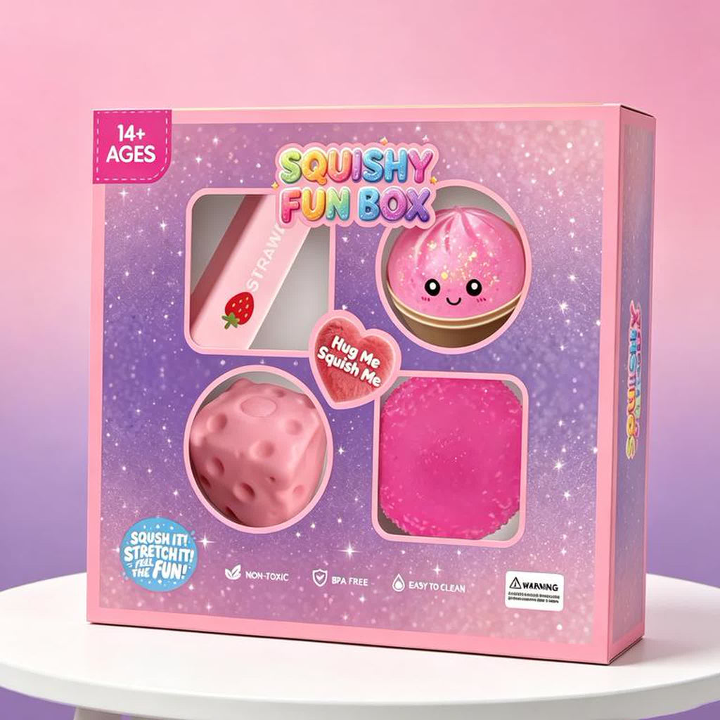 The Pink Squishy Fun Box retail box on a pink gradient background, showing the strawberry butter stick, glitter bao bun, flocked ball and cheese cube through the window
