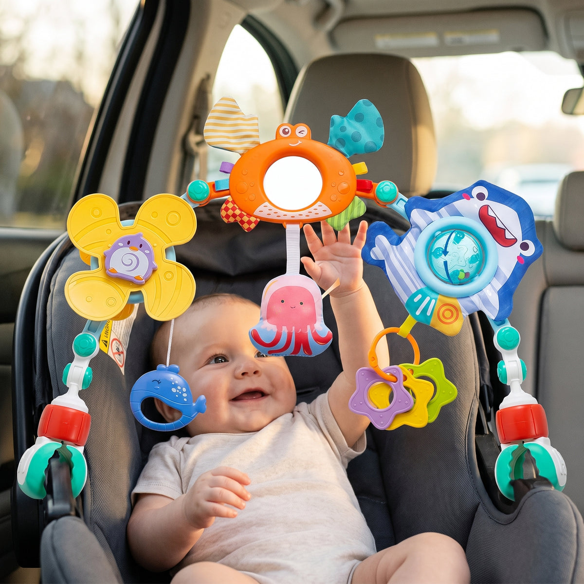 Play arch clamped to both sides of an infant car seat shell above the baby