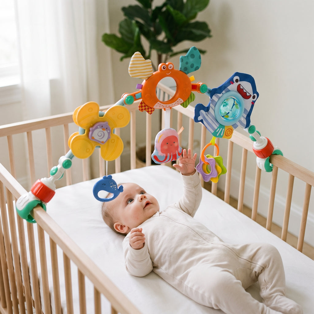 Play arch clamped to both top rails of a wooden crib, spanning above the baby
