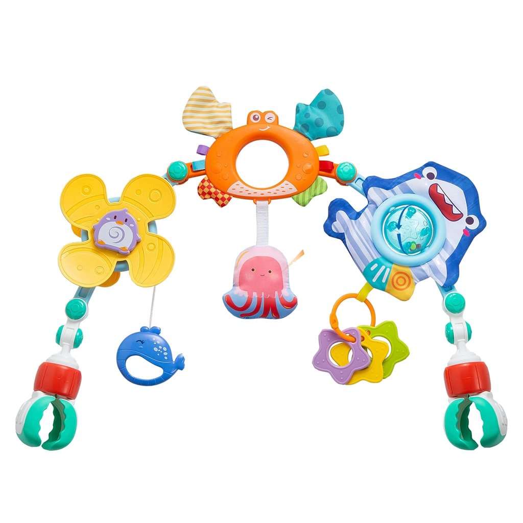 Play arch clip-on activity toy bar with crab mirror, spinning flower, shark rattle and teething rings