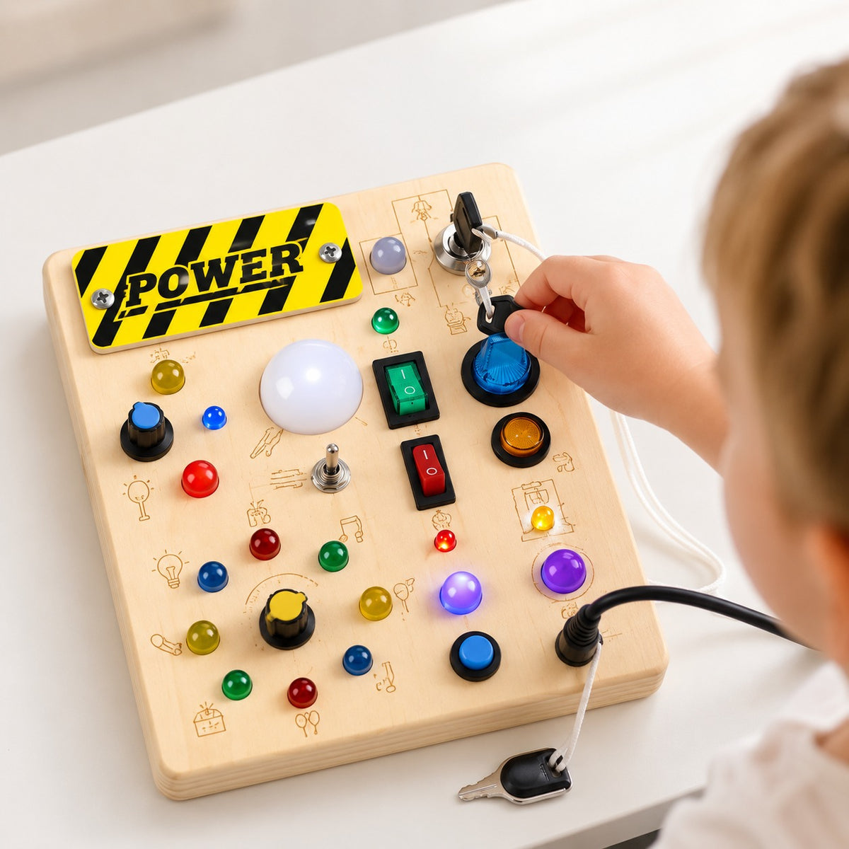 Toddler playing with a wooden LED busy board using switches, buttons and lights