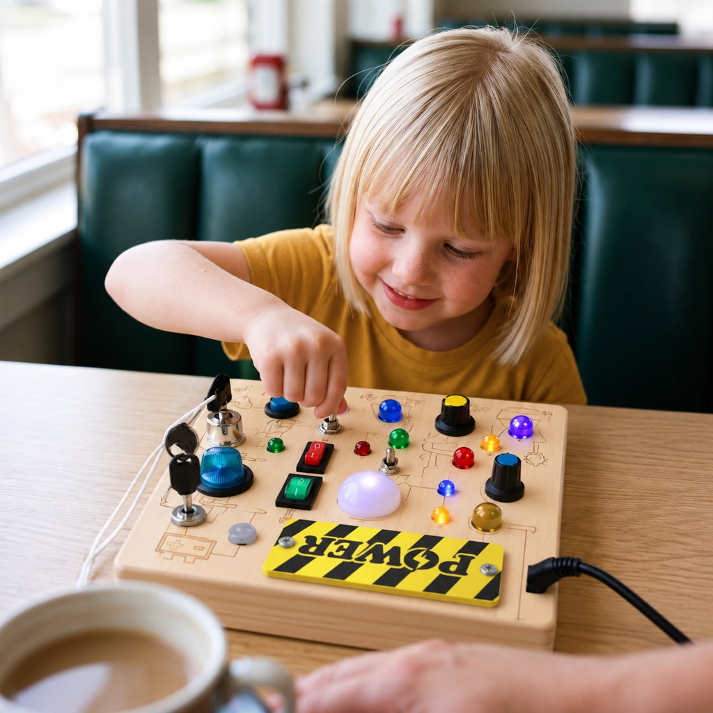 Child playing with a wooden LED busy board at a restaurant table
