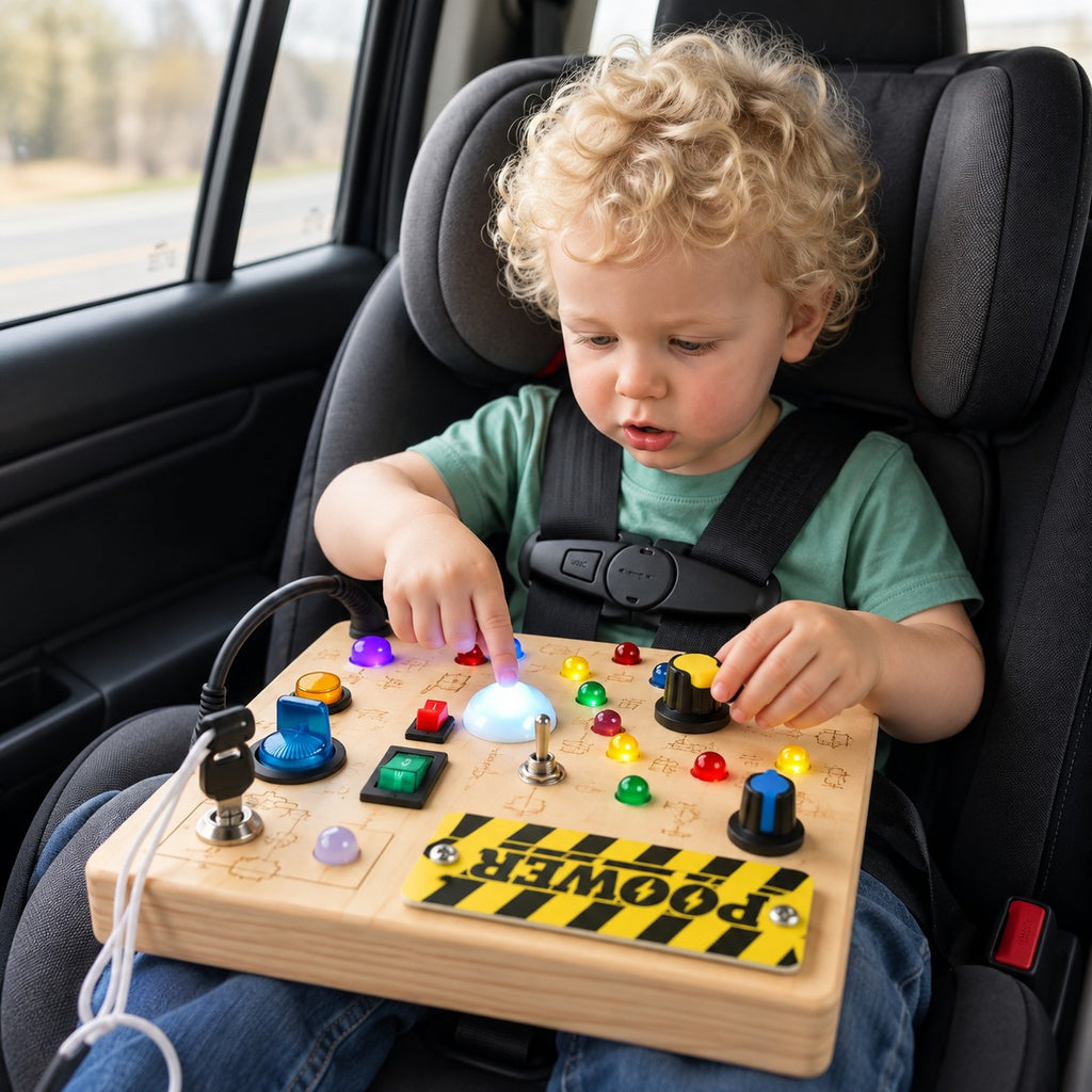 Toddler using a wooden LED busy board while travelling in a car seat