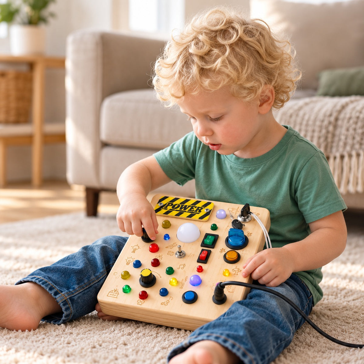 Young child exploring a Montessori LED busy board at home